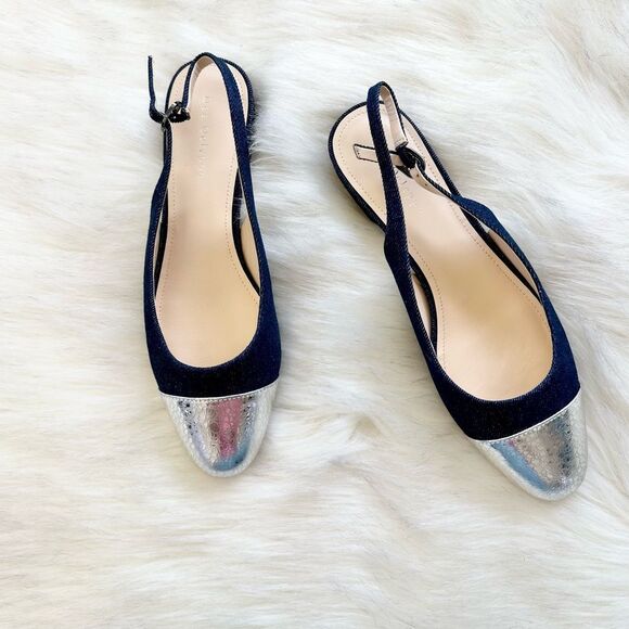 NWT Dee Ocleppo Mumbai ballerina slingback shoes Navy Blue Denim Silver Size 9 - Picture 2 of 8